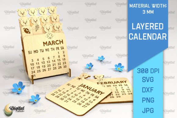 3D Layered Calendar Laser Cut. Bear SVG